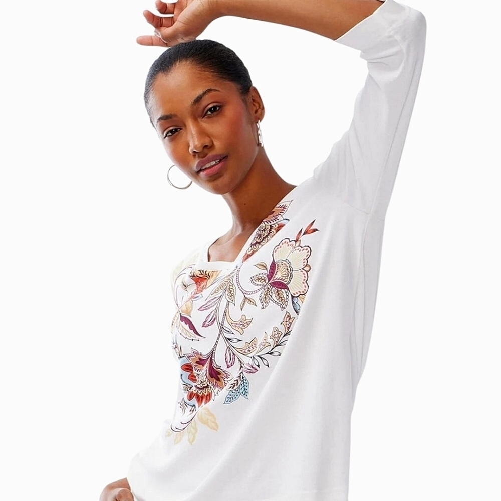 CHICOS Floral Everyday V Neck 3/4 Sleeve Pima Cotton White Tee sz L
